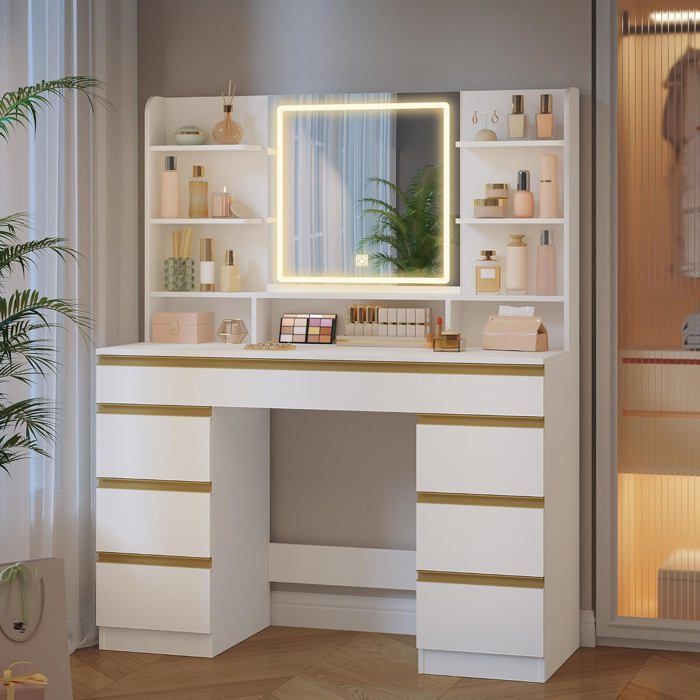 Penteadeira grande com iluminação LED, 3 cores, brilho ajustável, espelho, 9 gavetas, 9 prateleiras abertas, branco-dourado