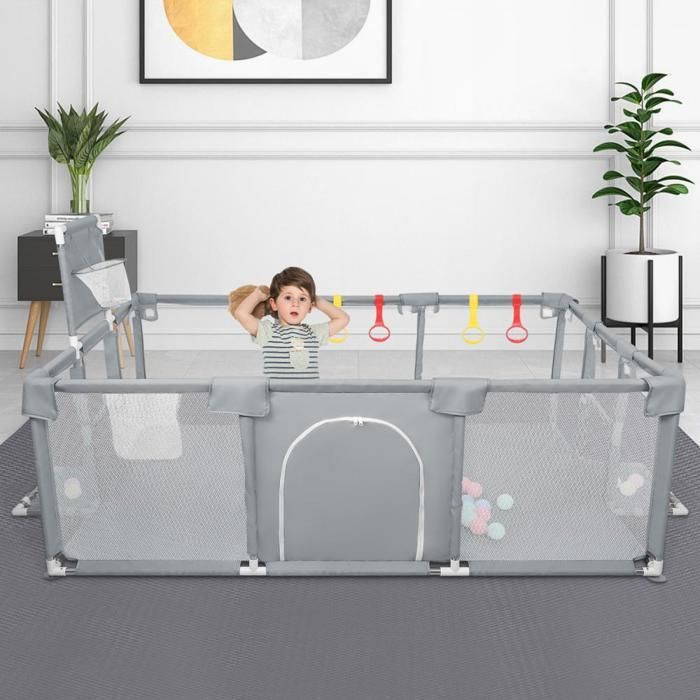 Parque infantil de seguridad MIPAN - Valla con pelotas de mar + 4 asas - 180 x 120 x 66 cm - Gris oscuro