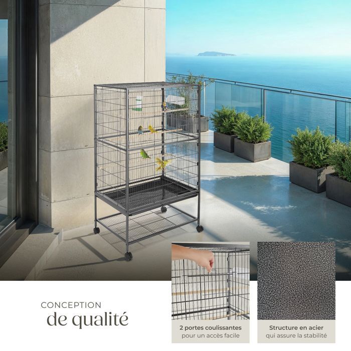 Cage à oiseaux - TECTAKE - Volière à roulettes PAPAGENO 78 x 52 x 131 cm en acier avec 1 mangeoire et 3 perchoirs