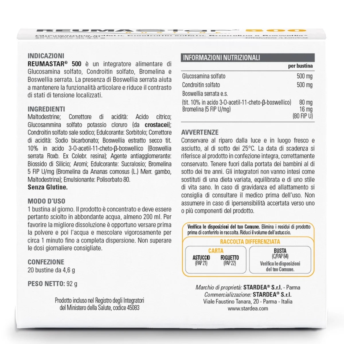 STARDEA Stardea Reumastar 500 20 sachets Complément alimentaire pour le soutien de la fonction articulaire
