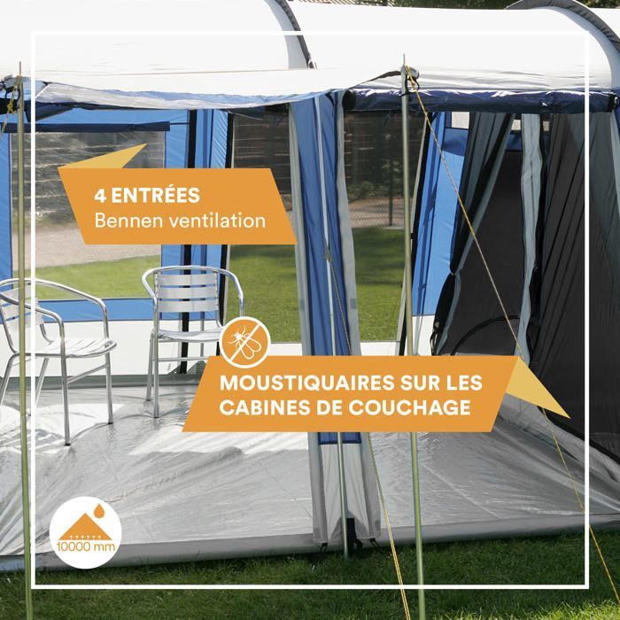 8-Person Tunnel Family Camping Tent - Skandika Montana 8 - 3 Cabins, 5000 mm, 4 Entrances, Awning - Blue