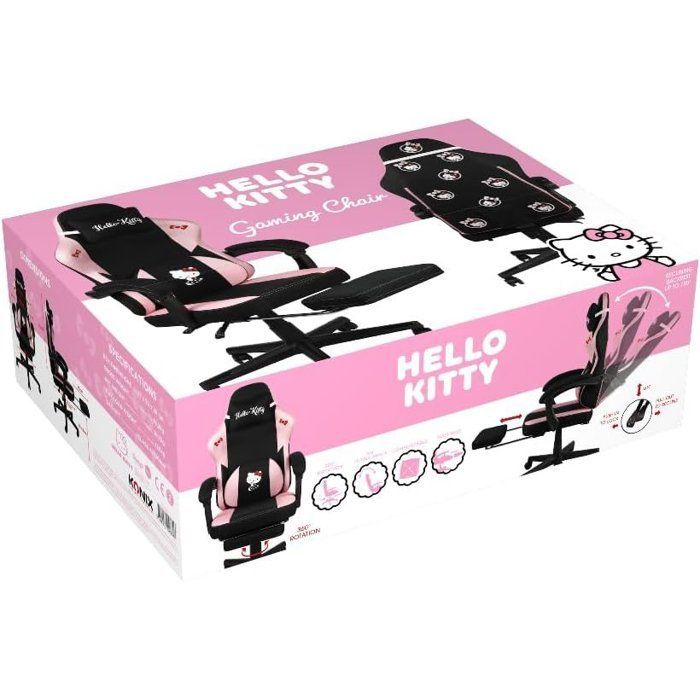 Chaise de Bureau Gaming - KONIX - Hello Kitty - Inclinaison siège 150° - Revêtement Tissu - Coussin - Repose-pieds - Noir et rose