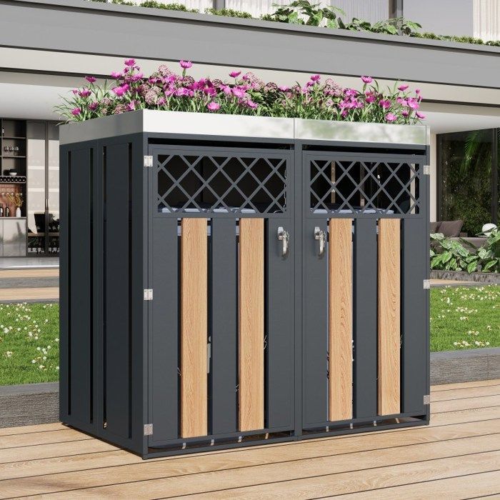 Cache-poubelle double - LANGTU - Modèle Double - Acier galvanisé - Aspect bois - Verrouillable
