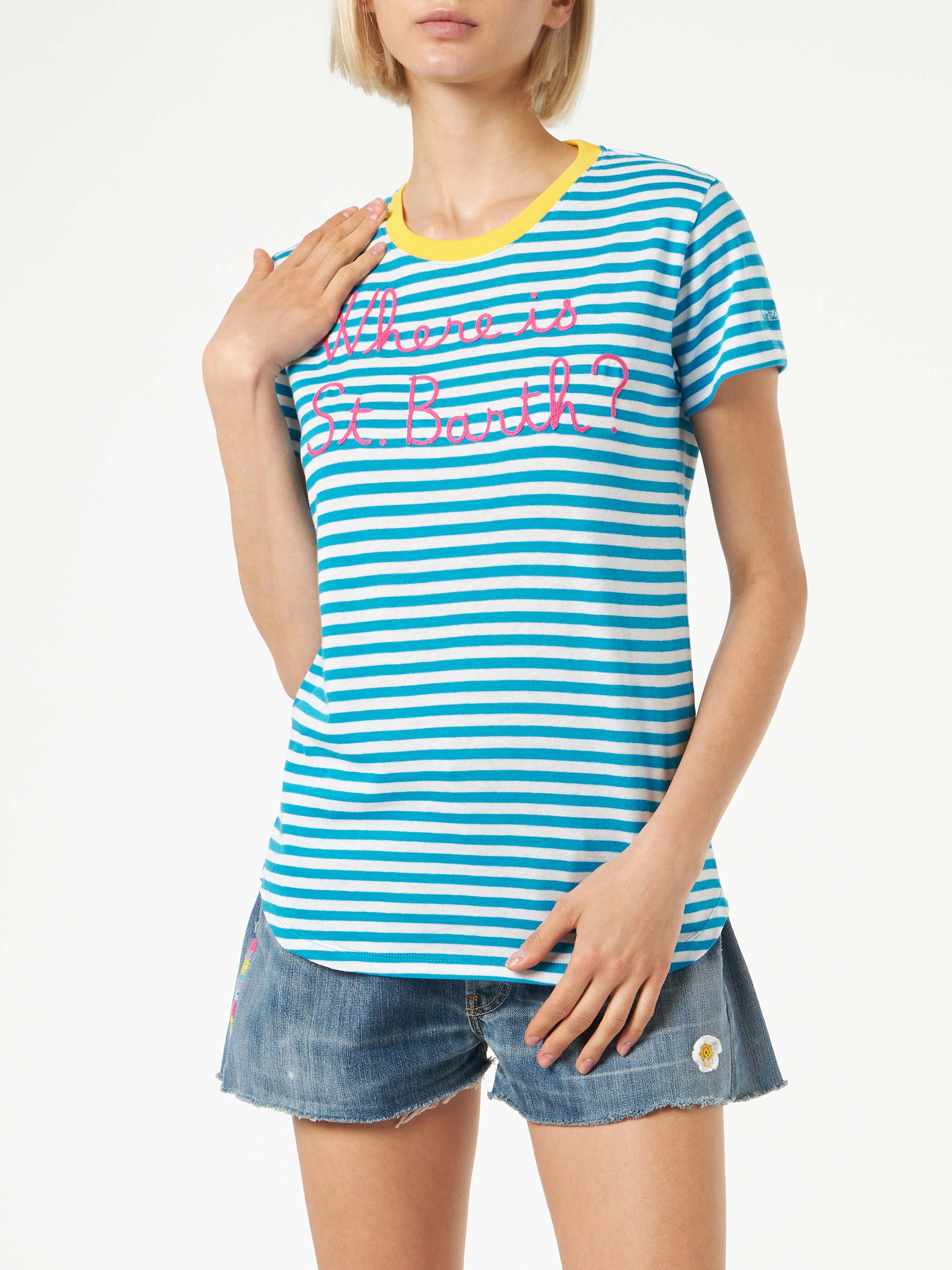 Blauw katoenen T-shirt met borduursel 