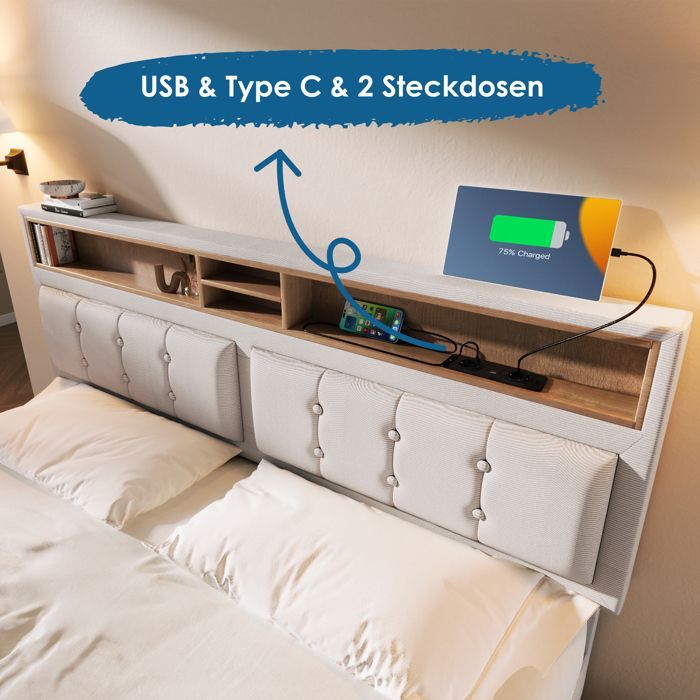 Cama doble tapizada LINKHOO con puerto de carga USB-C y cabecero, con somier de láminas (colchón no incluido), 140x200 cm, beige.
