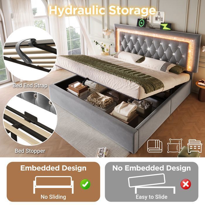 Cama con almacenamiento - Becag - Cama doble tapizada de 140x200cm con LED y USB Tipo-C, cama para adultos con almacenamiento hidráulico, terciopelo gris