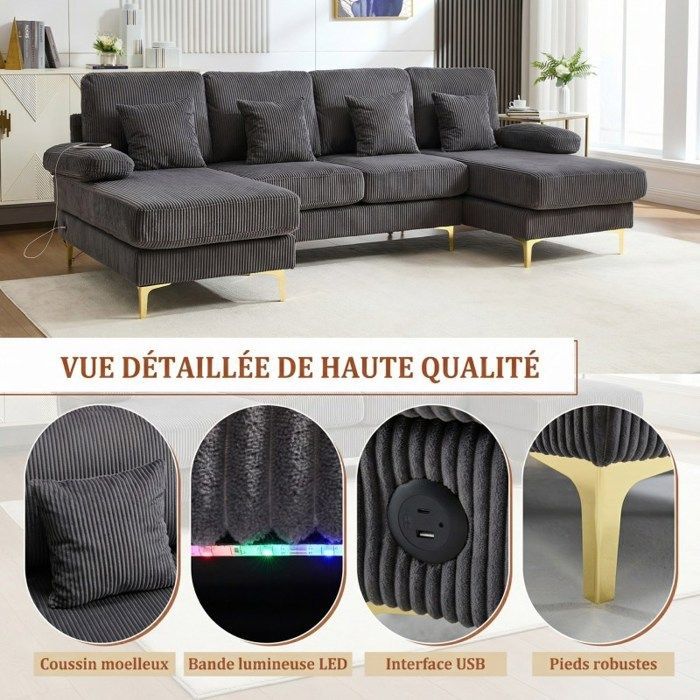 Canapé en U - LANGTU - Relaxation - Velours gris - LED d'ambiance & USB-C - Bois massif 4 places