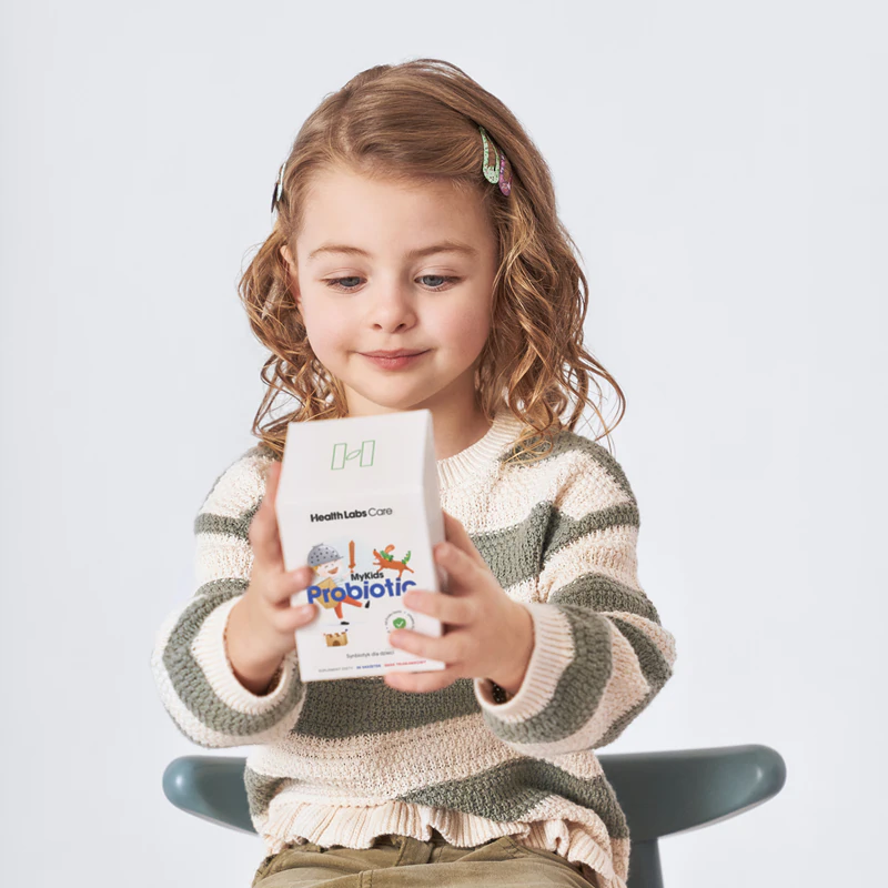 Sachês de suplemento alimentar probiótico Health Labs Care MyKids para fortalecer o sistema imunológico.