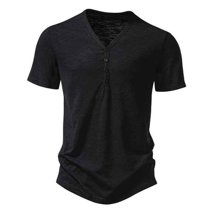 Men's Summer Henley T-Shirt, Regular Fit, Lightweight, V-Neck - INSFITY - Black