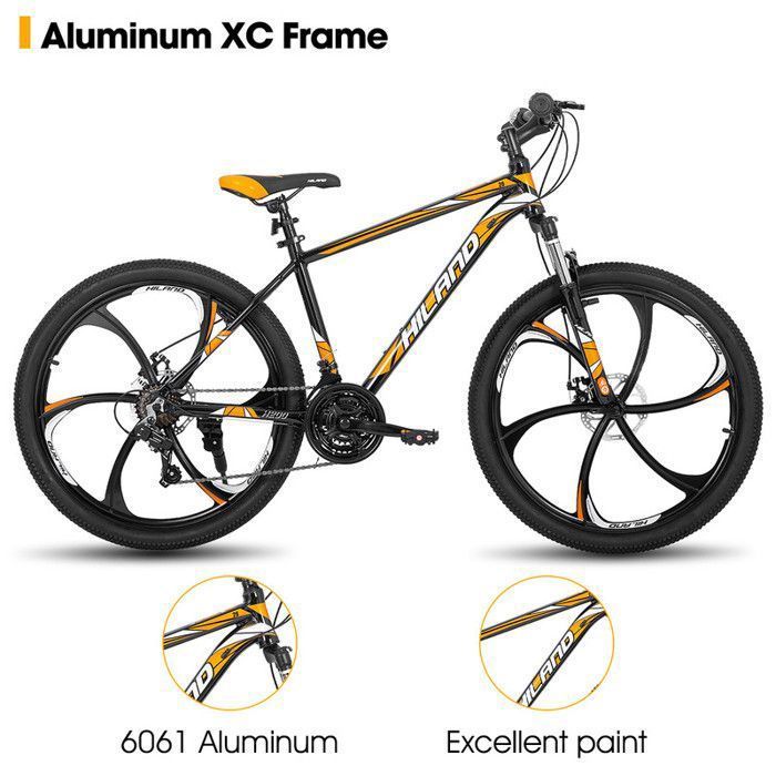 Vélo VTT - HILAND - Cadre aluminium 26 pouces - Shimano 21 vitesses - Freins à disque et suspension avant - Orange