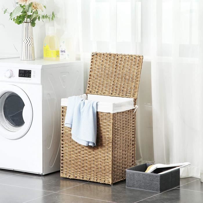 SONGMICS Panier de Rangement, Corbeille Linge Sale 90L avec Couvercle, Pliable, Sac en Tissu Amovibles et Poignées, Couleur Boisée