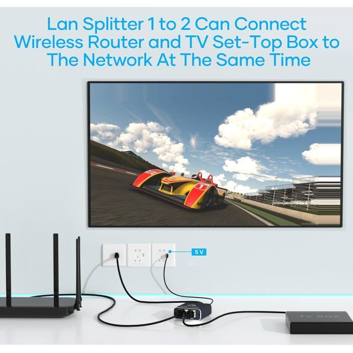 Ethernet Switch, 1 to 2 Ethernet Splitter 1000Mbps, 2-Port LAN Switch with Type-C Power Cable, Network Splitter