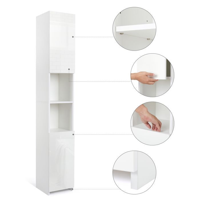 Armario de baño alto y estrecho Mondeer con 2 puertas brillantes, 6 compartimentos ajustables, blanco.