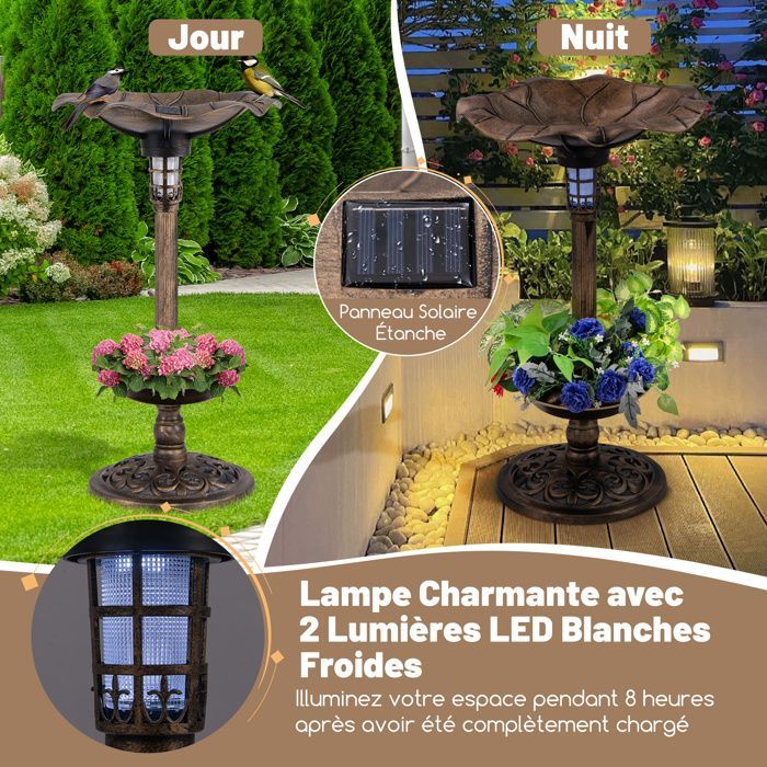 COSTWAY Mangeoire à Oiseaux sur Piédestal Extérieur, Lumières Solaires LED, Bol en Feuille de Lotus et Jardinière, Bronze antique