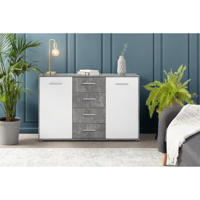 Aparador bajo PILVI - 2 puertas y 4 cajones - Blanco y hormigón claro - Ancho 122,6 x Profundidad 34,2 x Alto 81,1 cm