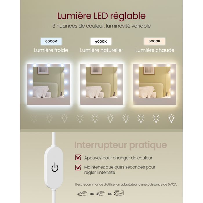 Dressing table with LED mirror - VASAGLE - 3-color lighting - 9 bulbs - Integrated power strip - 2 cupboards - 3 drawers