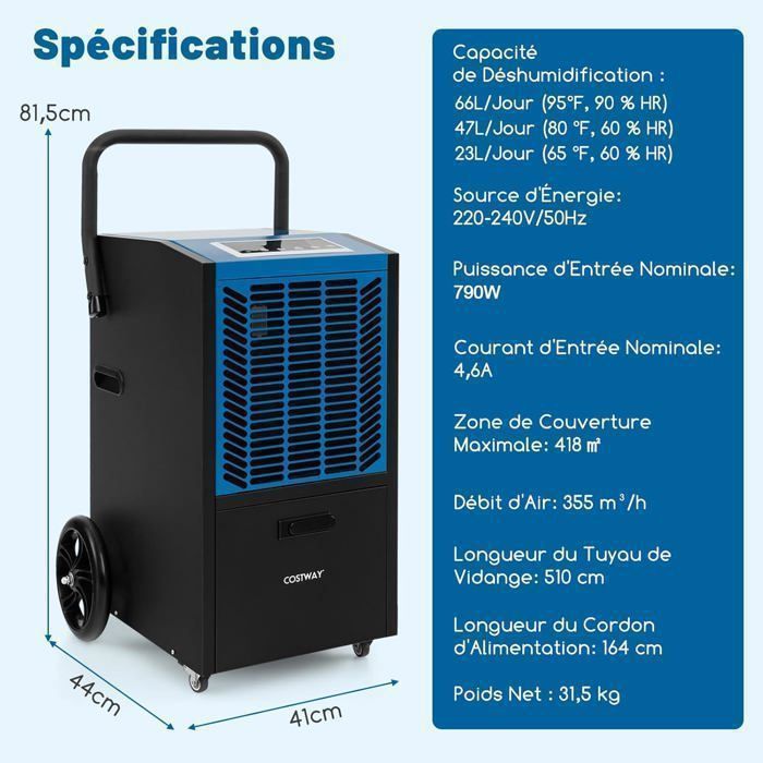 Deshumidificador profesional COSTWAY 66 L/día - Hasta 418 m² - 2 velocidades de ventilador - Temporizador de 24 horas - Bomba - Manguera de desagüe - Azul