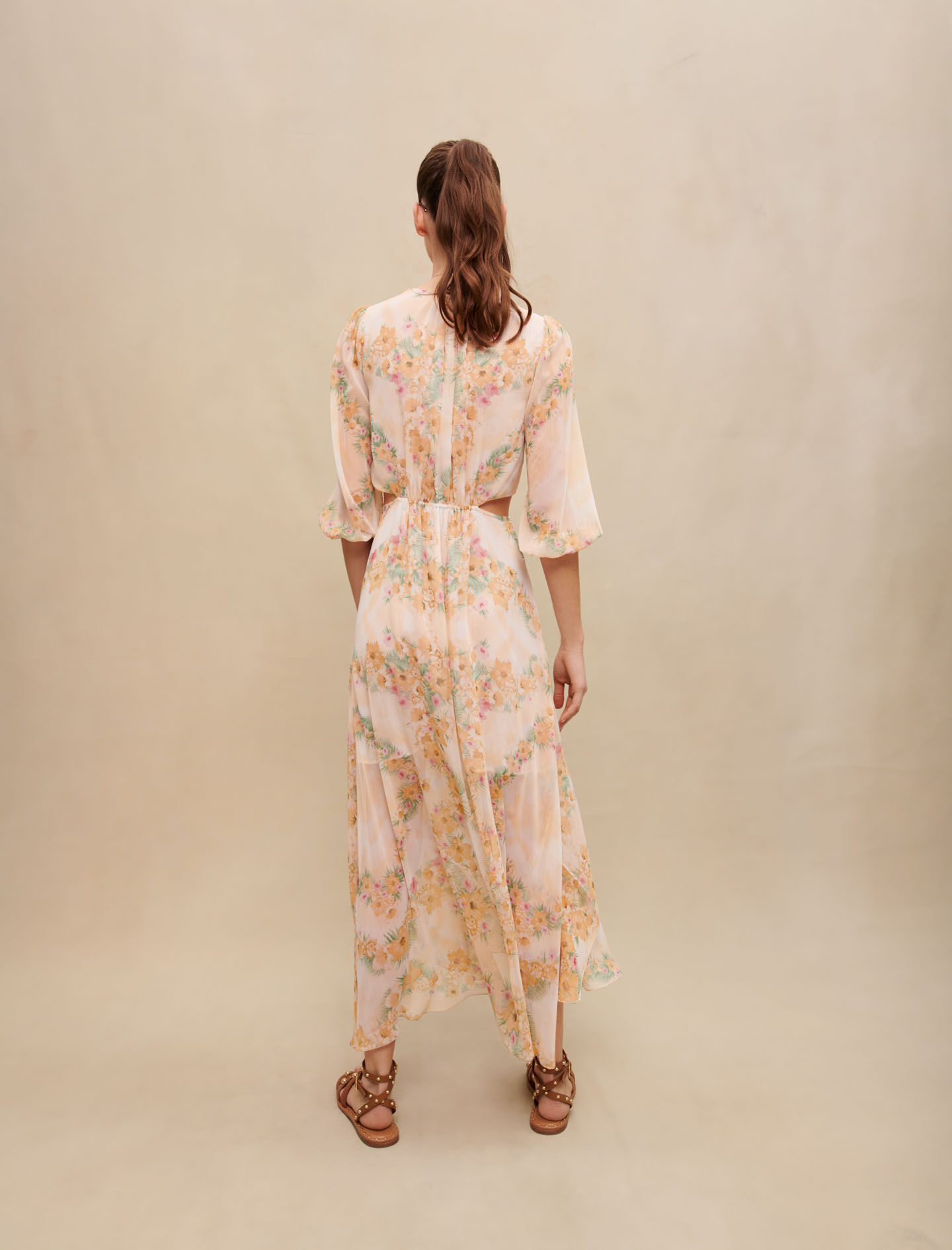 Rochie lungă cu imprimeu ajurat - Hibiscus galben/verde