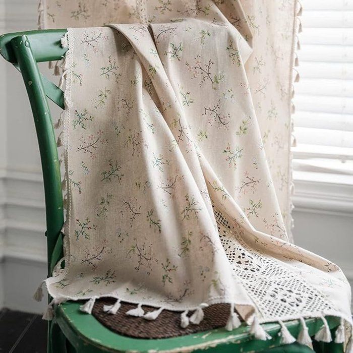 Floraweg Boho curtain, hooks, lace patchwork, semi-blackout, floral print, for living room or bedroom, 150 x 220