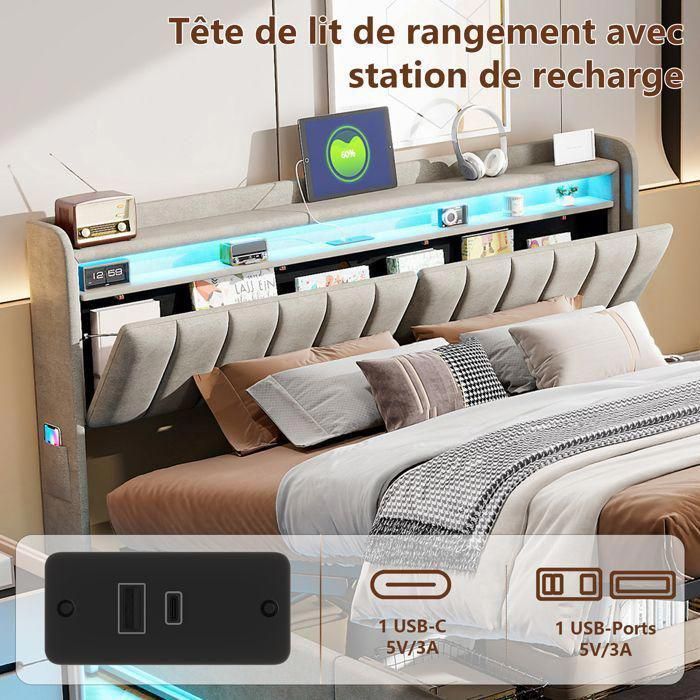 Cama con almacenamiento de 160 x 200 cm, cama de 160 x 200 cm con somier de láminas, estructura de cama, con iluminación LED, almacenamiento hidráulico, con cabecero, gris, terciopelo