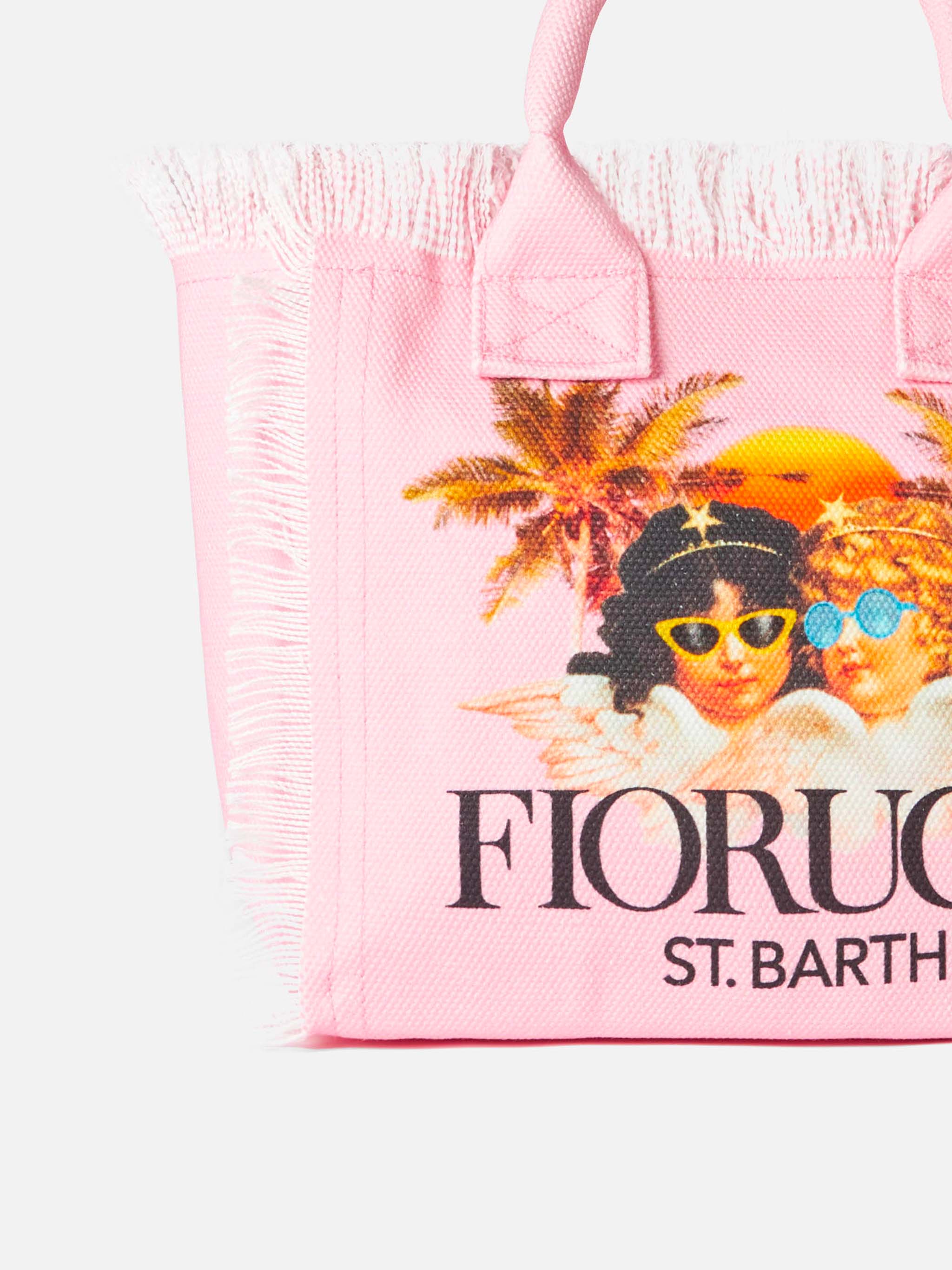 Sac à main à franges en toile rose Colette, imprimé Fiorucci Angels, logo Saint-Barth et poche intérieure zippée | MC2 Saint-Barth | ÉDITION SPÉCIALE FIORUCCI