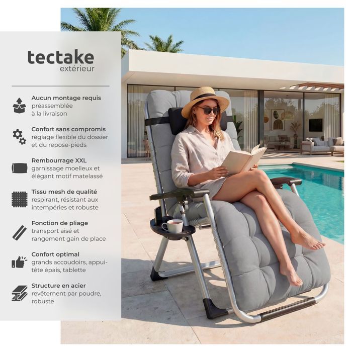 Sonnenliege – TECTAKE – Set mit 2 klappbaren CLOUD-Sonnenliegen, stufenlos verstellbar, aus atmungsaktivem Textilene – Hellgrau