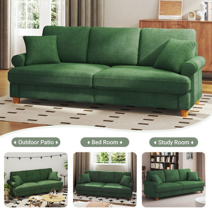 Stor 3-personers grøn chenillesofa med armlæn, hynder og puder, skandinavisk sofa til stue, 220×74×86 cm
