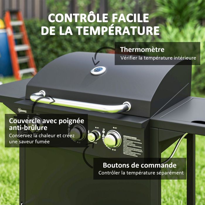 Gas barbecue - Outsunny - 3+1 burners - 9.5 kW power - with 2 cooking grates, side shelves, 2 wheels - steel - black