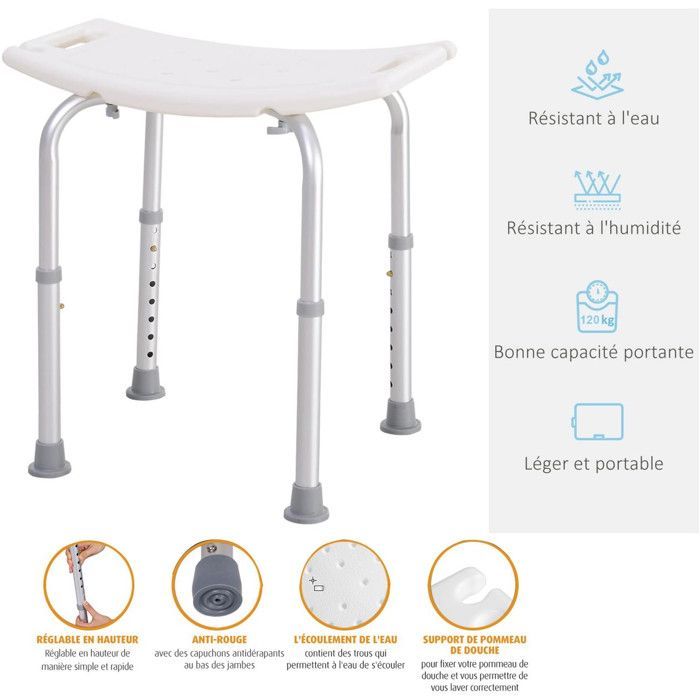 Siège de douche - Bm Médical TD-50SD - hauteur réglable, poignées, supports pommeau de douche - Anti-dérapants