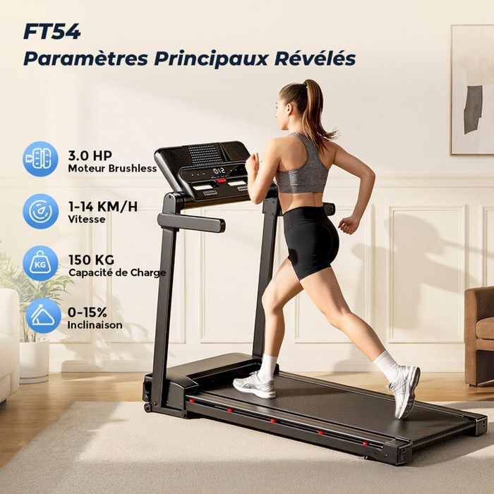Treadmill - FT54 Walking Treadmill, 15% Auto Incline, Speed 1-14km/h, App Compatible, Ultra Quiet 700W, LCD Display, Ideal for Home Use