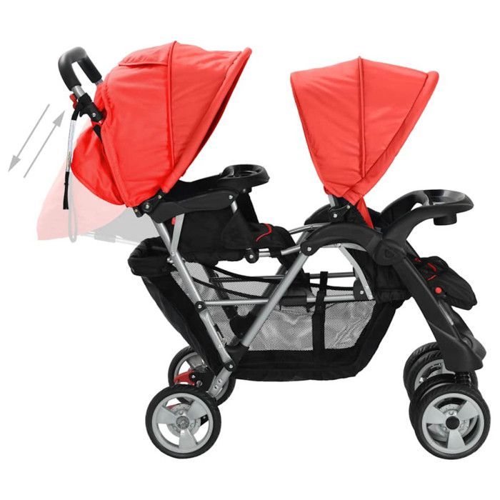 VIDAXL Double Stroller in Red and Black Steel - For Children 6 to 36 Months - Folding Canopies and Large Basket