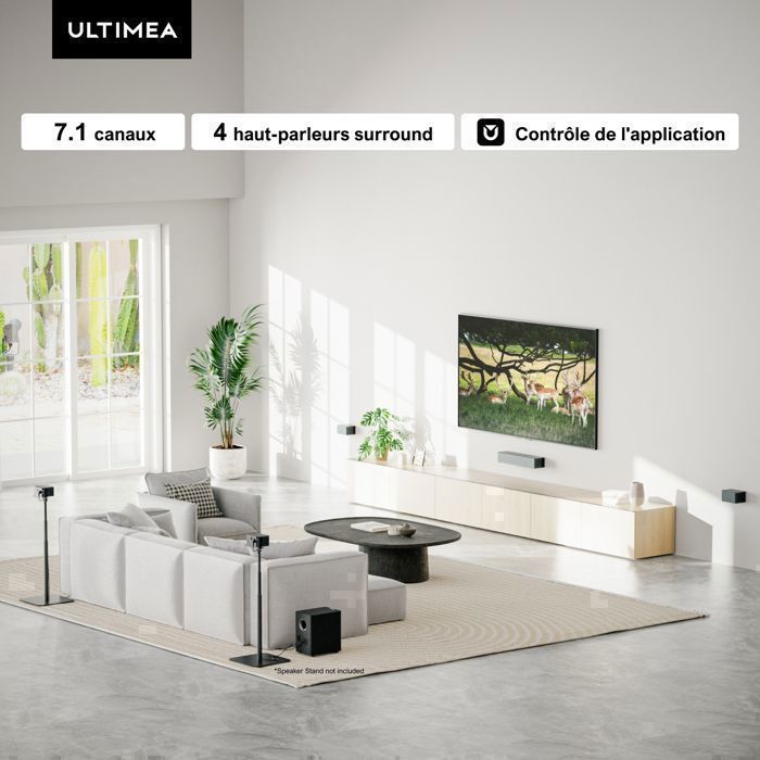 Barra de sonido envolvente ULTIMEA 7.1, control por aplicación, barra de sonido para TV con subwoofer ajustable y 4 altavoces de sonido envolvente.