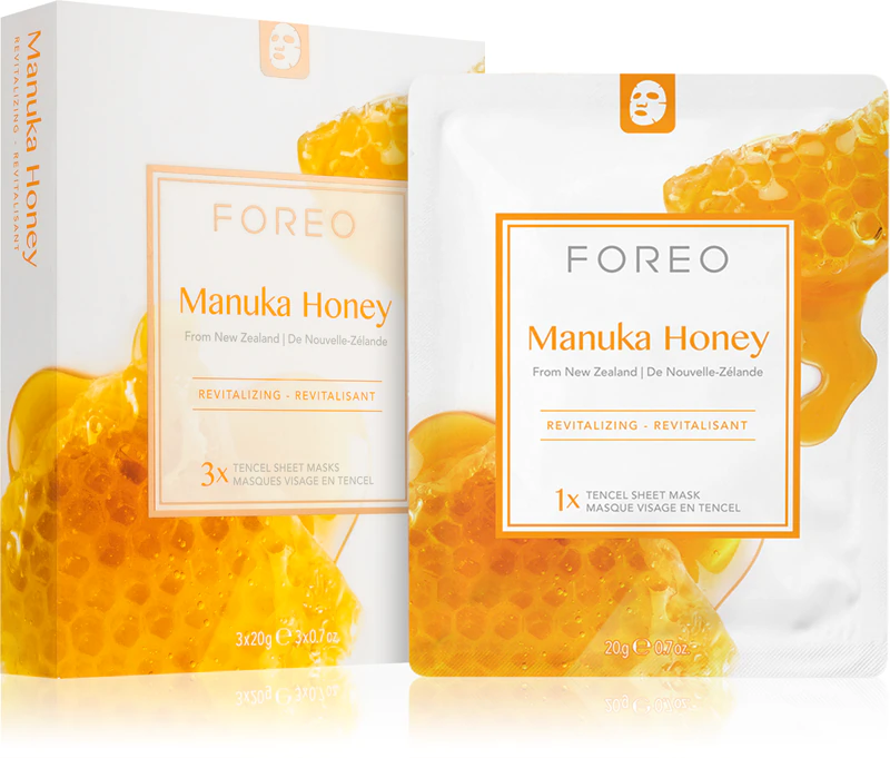 Máscara facial em tecido FOREO Farm to Face com mel de Manuka, hidratante e revitalizante.