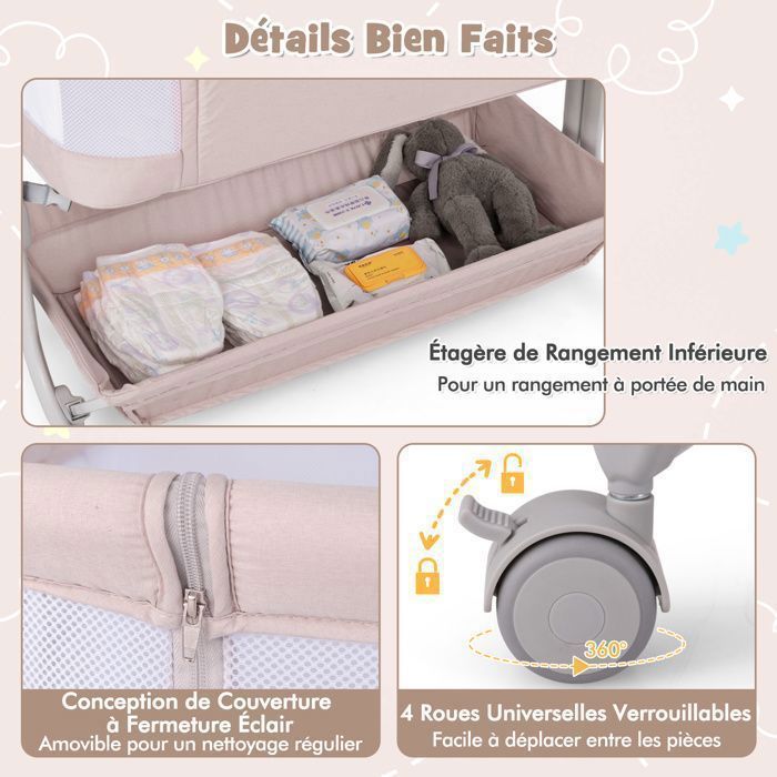COSTWAY Baby Co-Sleeping Cot with 2.5cm Mattress - From Birth - 9 kg - 6 Height Positions - 4 Wheels - Portable and Foldable - Storage Shelf - Beige