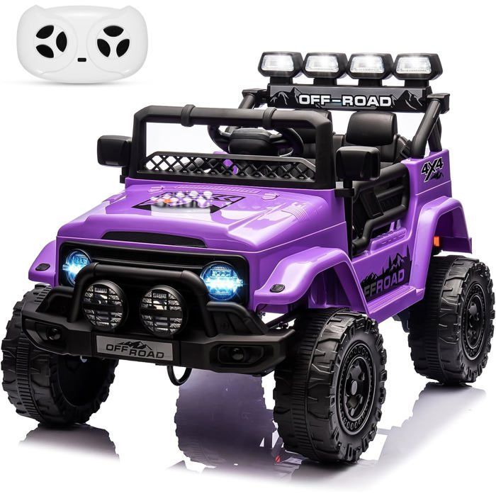 Coche eléctrico infantil de 12 V con mando a distancia, música, luces LED y claxon, 3 velocidades, para niños de 3 años en adelante, color morado.