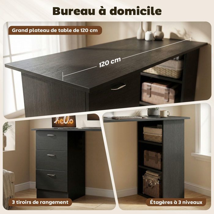 Escritorio para ordenador - HOMCOM - 3 cajones, 3 estantes, escritorio/estudio reversible con almacenamiento - Tablero de partículas - Negro