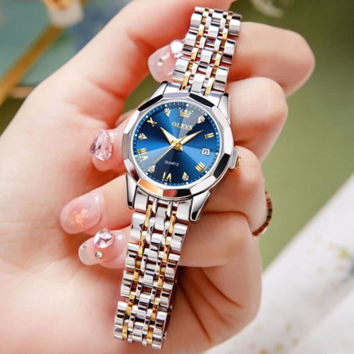 Reloj de lujo para mujer, reloj de diseño de alta calidad, brazalete de acero, resistente al agua, con calendario y diamante azul.