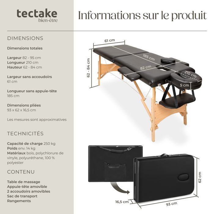 Camilla de masaje - TECTAKE - FREDDI, plegable, de 2 secciones, altura regulable, 210 x 95 x 84 cm - Negra