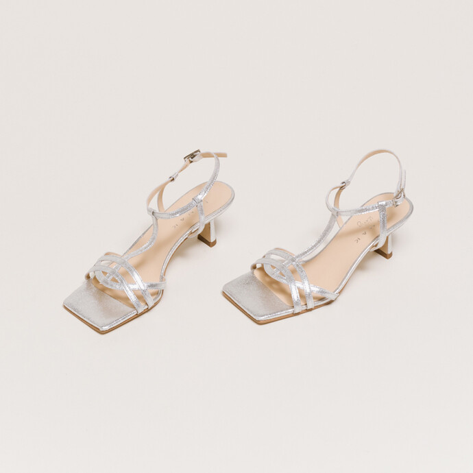 Sandales à talon et bride  en cuir craquelé argent