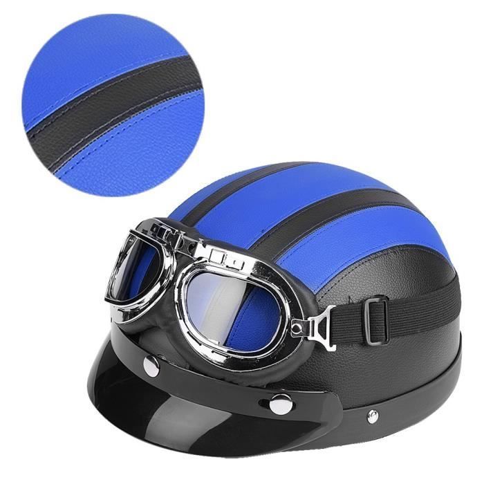Casco abierto de media piel para moto/scooter con visera UV y gafas, estilo retro vintage, 54-60 cm - Azul