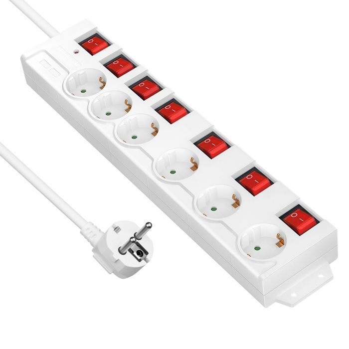 DEWENWILS Multiprise parafoudre 16A - 6 Prises avec 7 Interrupteurs - Câble 2M - Blanc - 3680W max.