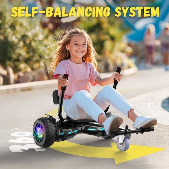 Hoverboard con asiento integrado, 8,5 pulgadas con altavoz Bluetooth y luces LED para niños (incluye kart a pedales), gris