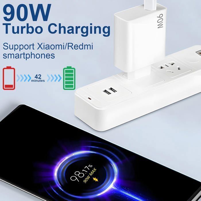 Caricabatterie rapido da 90 W per Xiaomi Redmi Note 14/13/12/11 Pro 14C, Hypercharge USB-C da 6 A, Turbo Charger con cavo USB-C da 1 m per Xiaomi