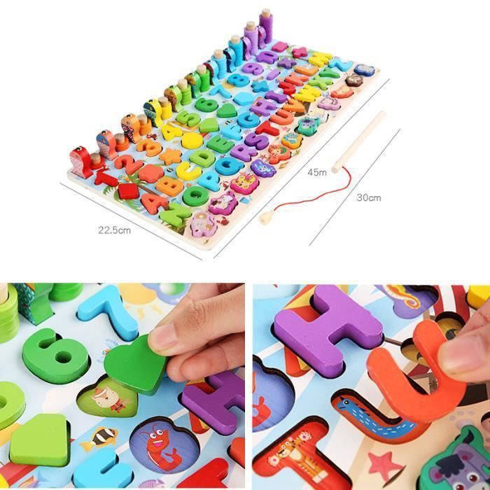 Jouet Puzzle en Bois Montessori Jeu Éducatif Mathématiques pour Enfants Bébé, Apprendre Les Chiffres et Les Lettres de l’Alp