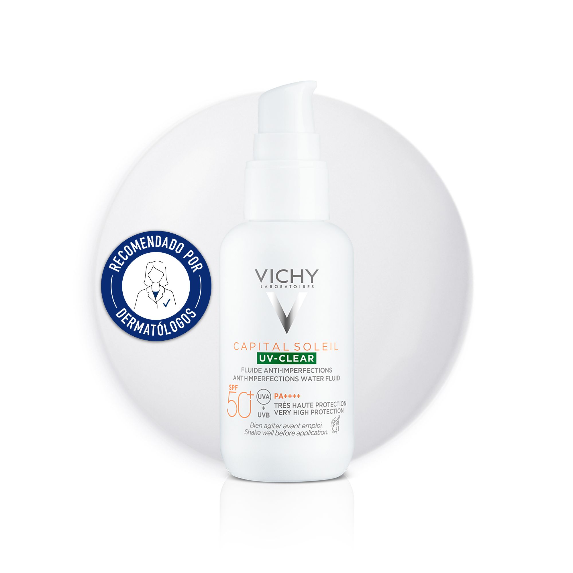 „Capital Soleil UV Clear SPF50“ apsauginis skystis nuo odos defektų Apsaugos nuo saulės vaistinė
