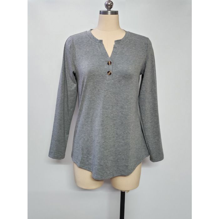 T-Shirt Manches longues Femme Printemps Col V Casual,Gris