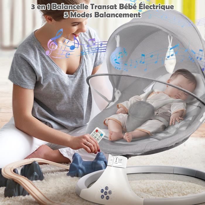 Columpio/hamaca eléctrico 3 en 1 para bebé con control remoto, mesa de comedor, 5 modos de balanceo, temporizador y música Bluetooth - Gris