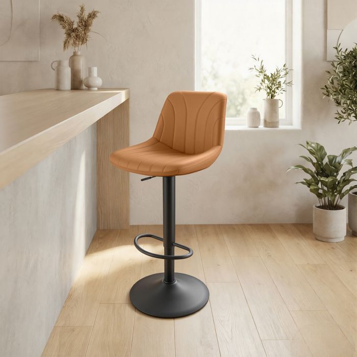 Adjustable Bar Stools, Stools with Backrest, 360° Swivel, PU Leather, for Kitchen, Dining Room, Set of 2, Brown