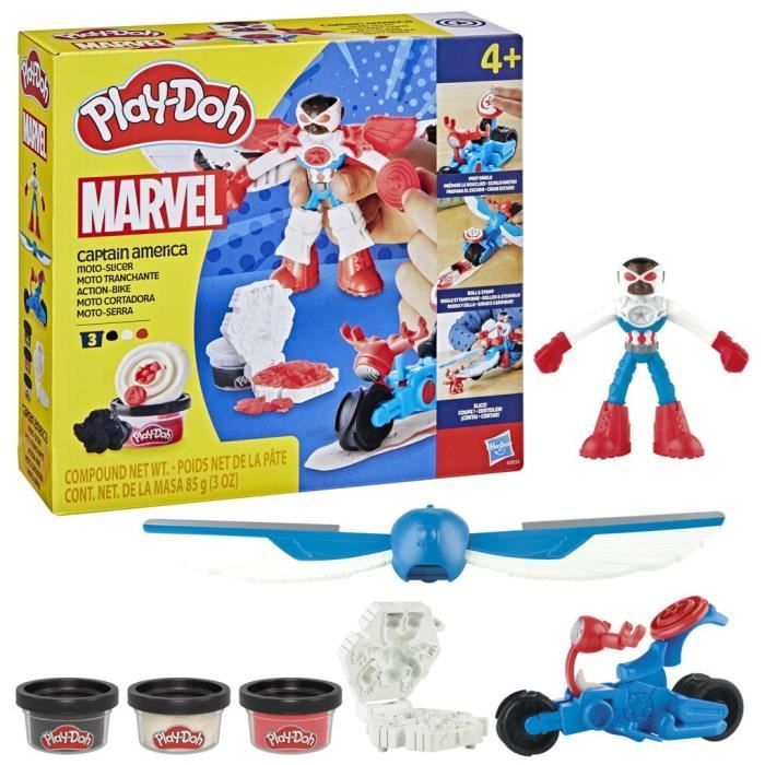 Play-Doh Captain America, set moto Sharp con personaggio flessibile, 3 accessori e pasta modellabile, età 4+, Marvel