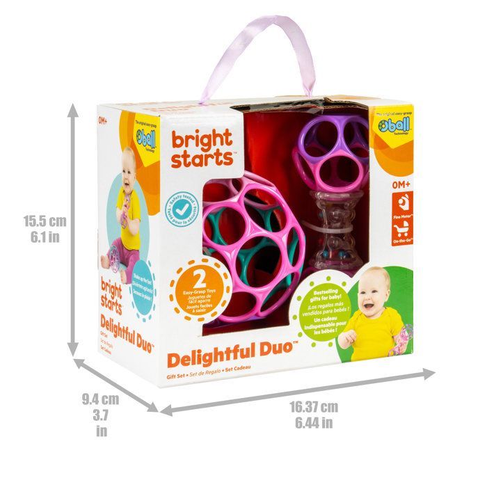 BRIGHT STARTS Coffret cadeau de naissance fille O'Ball avec 2 jouets bébé: un hochet et une O Ball Rose, Violet, Turquoise